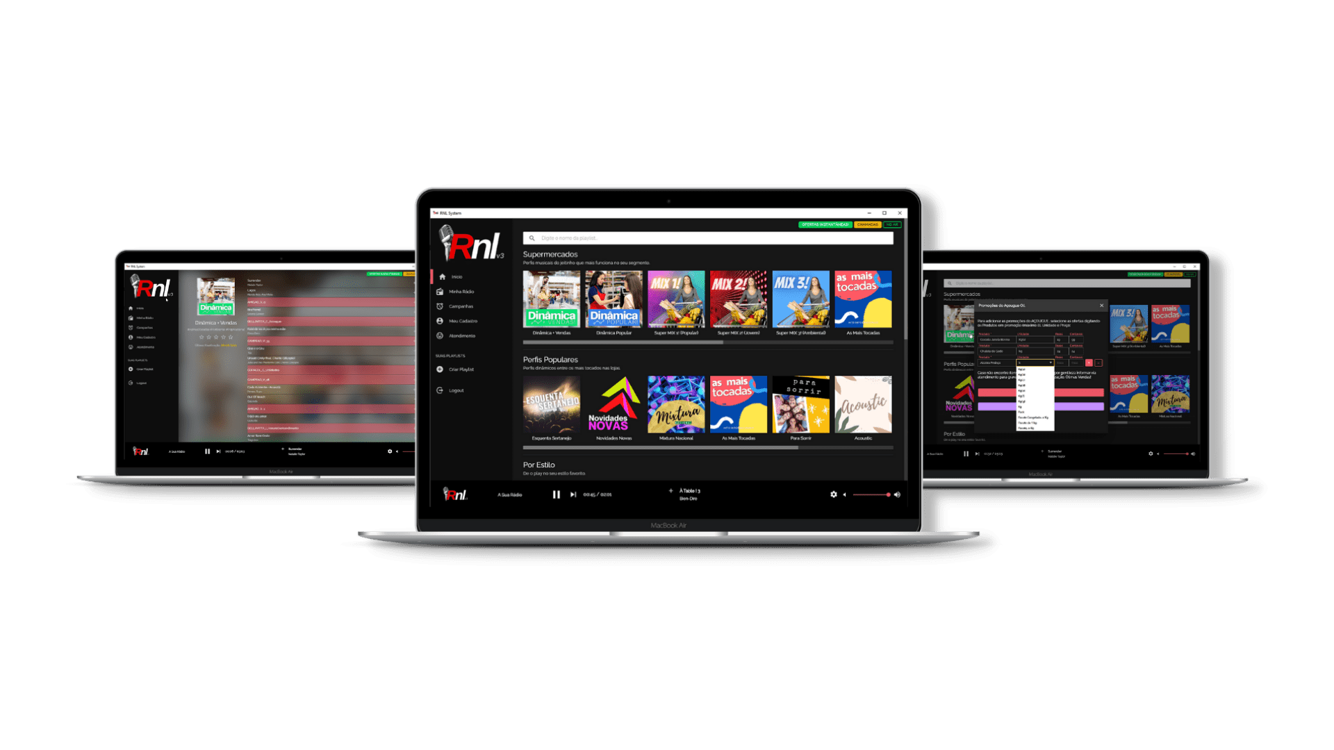 A plataforma RNL 3 aberta em três notebooks, com os perfis musicais por segmento